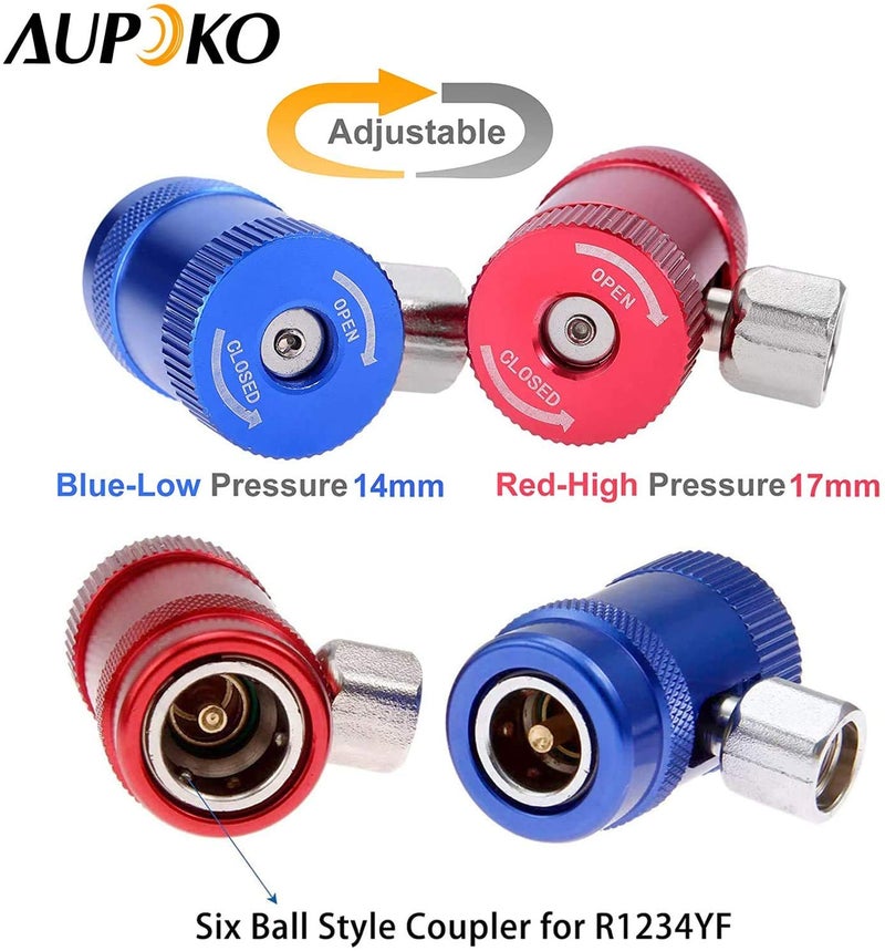 Aupoko R1234YF Quick Couplers Kit, R1234yf High Low Side Manual Quick Coupler Connector, R1234YF Can Tap with R12 R22 to R134A Adapters, and Valve Core Remover, 5PC Thimbles&Rubber Gaskets - Image 2